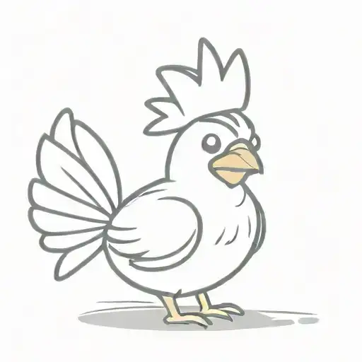 cute cartoon chicken with small wings and a big tail in a small crown drawn with a thin line tattoo design idea