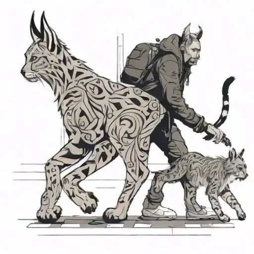 lynx walking in the city with a girl tattoo design idea