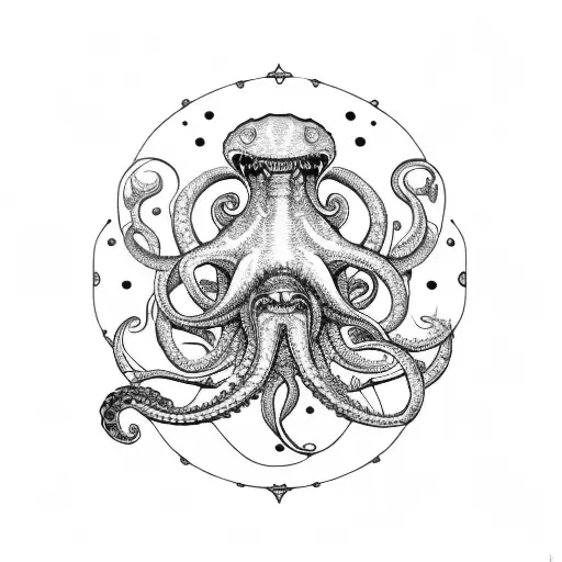 Kraken with boats in bottles tattoo design idea