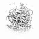 Kraken with boats in bottles tattoo design idea