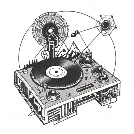 A geometric representation of a DJ turntable mixing music, with a mountain range in the background tattoo design idea