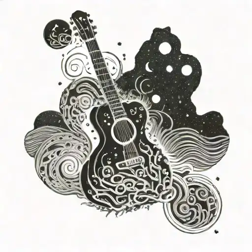A constellation of guitar shapes in the night sky, with waves and seaweed below tattoo design idea