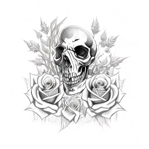 A gothic-inspired skullcrusher with roses entwined in its bones, showcasing a unique blend of darkness and beauty tattoo design idea
