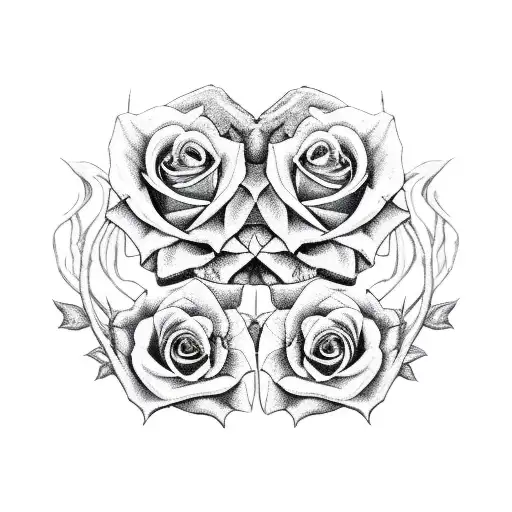 gothic-inspired two skulls are in love with roses entwined in its bones, Romance tattoo design idea