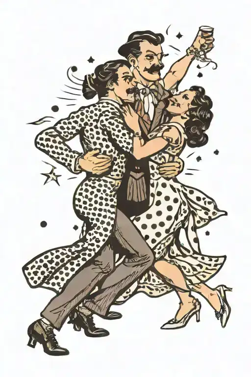 vintage looking dancing couple, man with a moustache, woman wearing a polkadot dress tattoo design idea