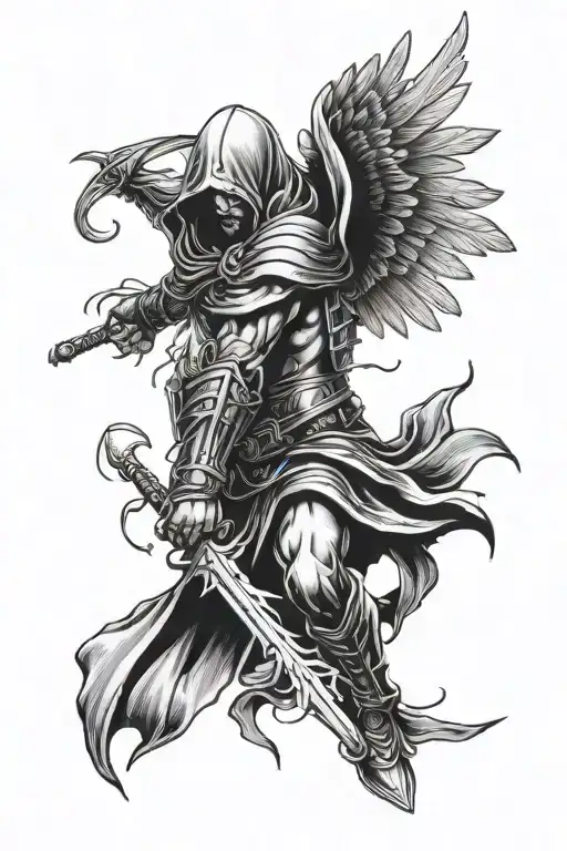 warrior angle wings wrapped hooded man tattoo design idea
