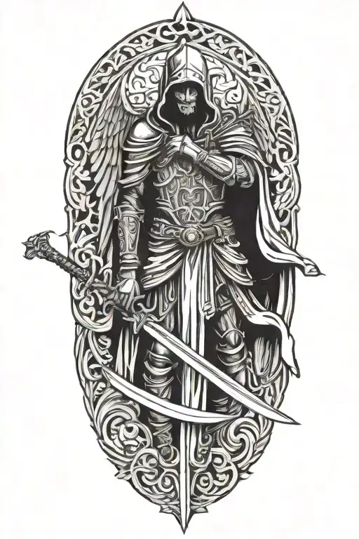 hooded warrior angel, 2 handed sword tattoo design idea