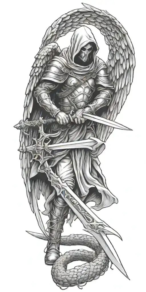 hooded warrior angel, 2 handed sword, fighting snakes tattoo design idea