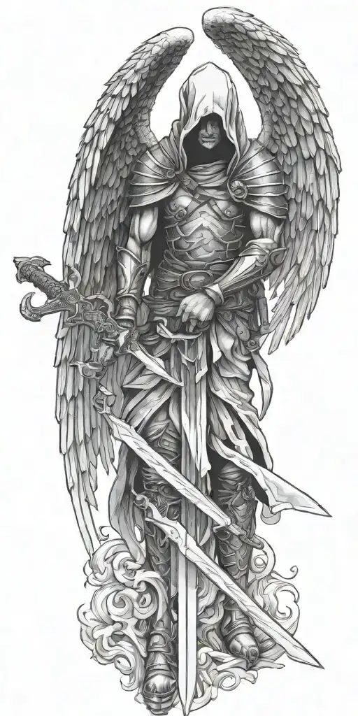 hooded warrior angel, 2 handed sword tattoo design idea
