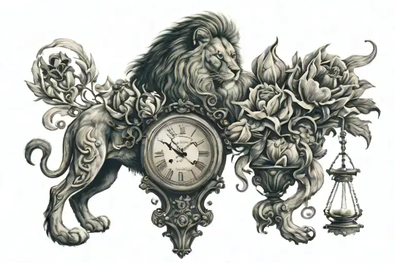 really dark tulips surrounding a Dutch Lion, with a giant hourglass in the background  tattoo design idea