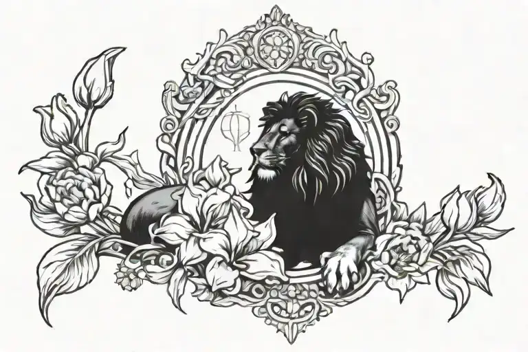 a really dark shaded Dutch Lion, with an hourglass behind it, and surrounded by queen of the night Tulips tattoo design idea