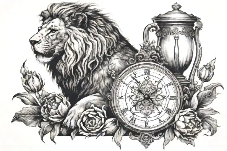 really dark tulips surrounding a Dutch Lion, with a giant hourglass in the background  tattoo design idea