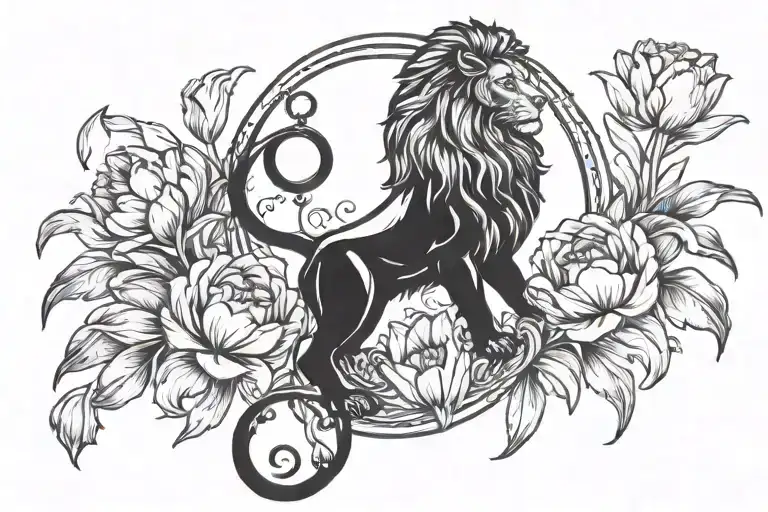 Dutch Royal Lion, with an hourglass behind it, and surrounded by queen of the night Tulips tattoo design idea