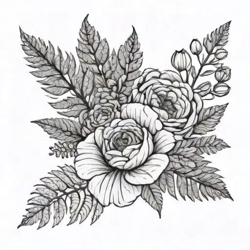 Flower bouquet of 3 plants fern violet ranunculus thin line drawing tattoo design idea