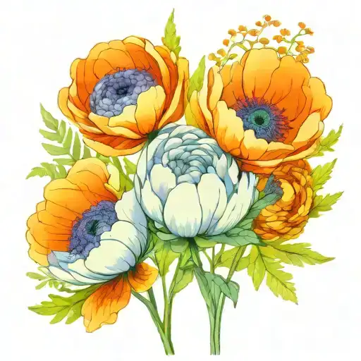 Flower bouquet of 3 plants fern violet ranunculus thin line drawing tattoo design idea