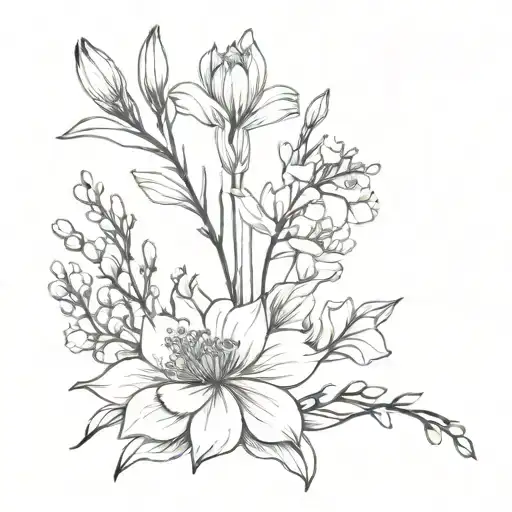 Chrysanthemum, gladiolus, lily of the valley, carnation in a bouquet  tattoo design idea