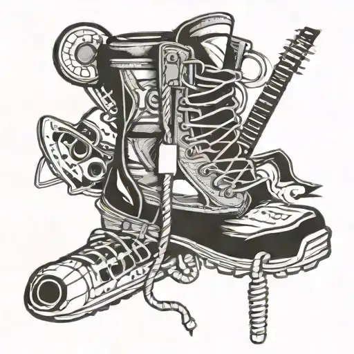 A blackwork tattoo of a hiking boot with a guitar and drumstick forming the laces, symbolizing a passion for both music and hiking tattoo design idea