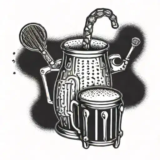 A dotwork tattoo of a beer mug with musical instruments like drums and guitar forming the foam on top tattoo design idea