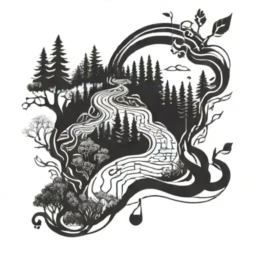 An intricate blackwork tattoo of a hiking trail winding through a forest with musical notes subtly incorporated into the design tattoo design idea