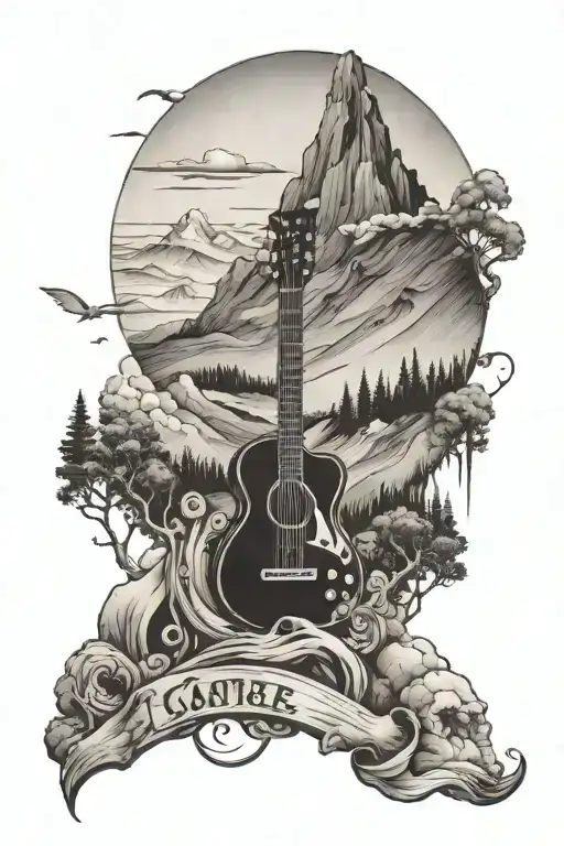 A tattoo design featuring a mountain landscape with a hidden guitar and drum set within the scenery tattoo design idea