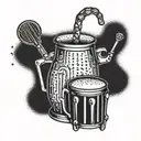 A dotwork tattoo of a beer mug with musical instruments like drums and guitar forming the foam on top tattoo design idea