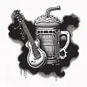 A dotwork tattoo of a beer mug with musical instruments like drums and guitar forming the foam on top tattoo design idea