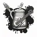 A dotwork tattoo of a beer mug with musical instruments like drums and guitar forming the foam on top tattoo design idea