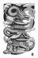 a dragon flying behind a japanese house with a river under a bridge tattoo design idea
