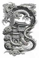 a dragon flying behind a japanese house with a river under a bridge tattoo design idea