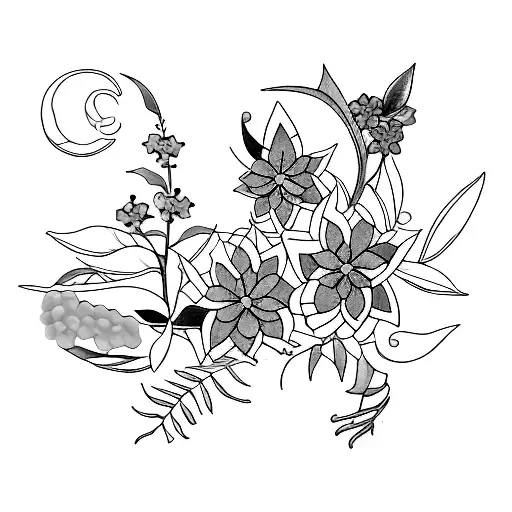 violet, daisy, Lilly & holly flowers tattoo design idea