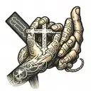 Creation of man hands with cross and fear god text tattoo design idea