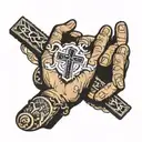 Creation of man hands with cross and fear god text tattoo design idea