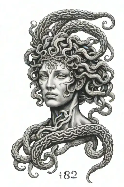 medusa with date August 19 2021 In Roman Numerals tattoo design idea