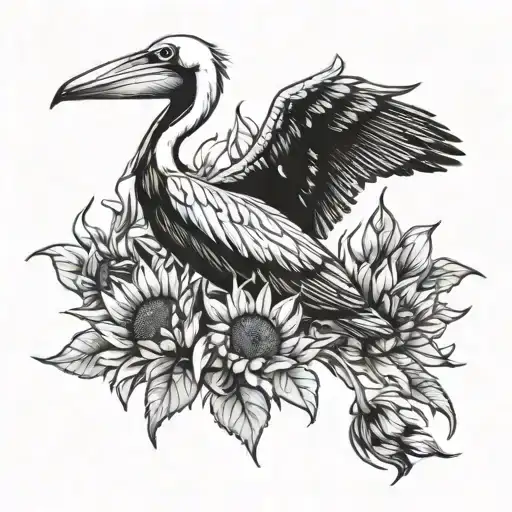pelican in sunflowers emerging tattoo design idea