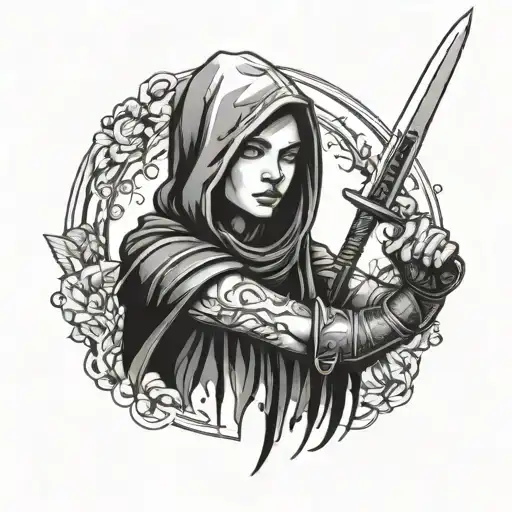 warrior girl in a hood holding a dagger in her hand tattoo design idea