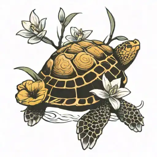 A tattoo in black and white of a turtle carrying a vase with an orchid on its back. tattoo design idea