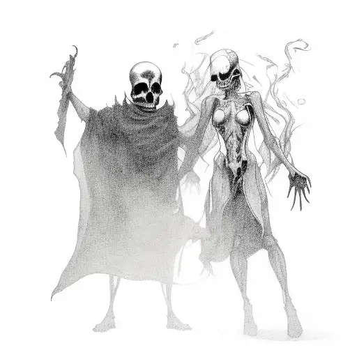 death hugging a woman. his cloak turning into smoke wrapping around them  tattoo design idea