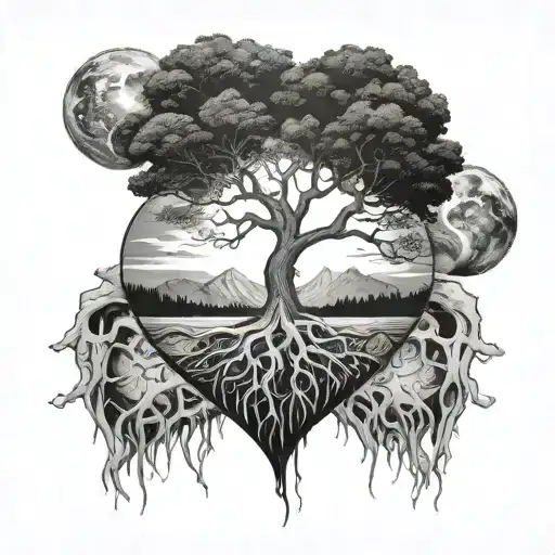 a heart shape tree that have root in planet earth tattoo design idea