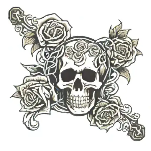 playcard with A,D,J skull, money roses intertwined tattoo design idea