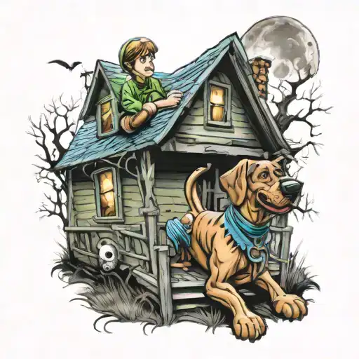 scooby doo and shaggy in a haunted house tattoo design idea
