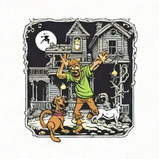 scooby doo and shaggy in a haunted house tattoo design idea