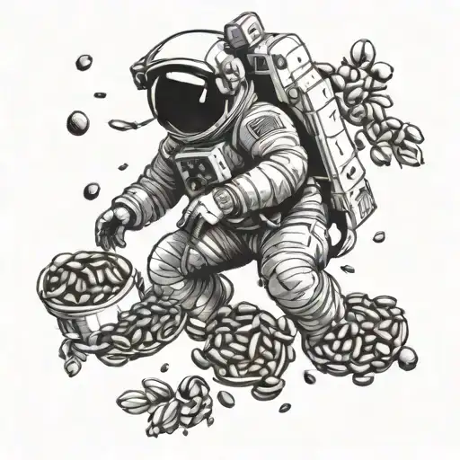 An astronaut floating in space surrounded by coffee beans tattoo design idea