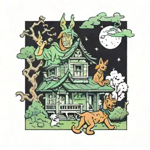 scooby doo and shaggy in a haunted house tattoo design idea