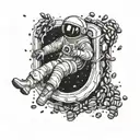An astronaut floating in space surrounded by coffee beans tattoo design idea