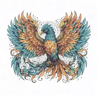 cosmic colorful majestic phoenix rising from ashes into  colorful  hyper realistic galaxy, engineered  tattoo design idea