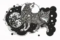 wolf in cosmos surrounded by planets tattoo design idea