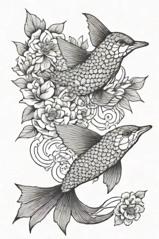 koi fish with grey cat flowers and hummingbird  tattoo design idea