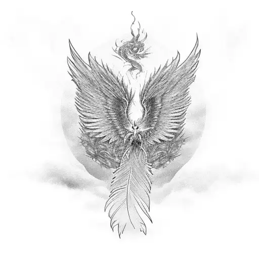 A phoenix rising from the ashes with intricate feather details tattoo design idea