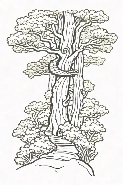 A hiking trail winding through a forest with a hidden dragon peeking out from behind a tree tattoo design idea