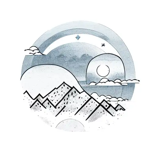 Mountain Scene. Clouds over the himalayas with the sun and moon on the left and right side respectively  tattoo design idea
